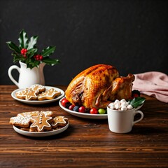 A complete Christmas dinner with roast turkey, side dishes, and festive decorations on a wooden.