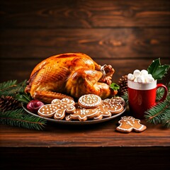 A complete Christmas dinner with roast turkey, side dishes, and festive decorations on a wooden.