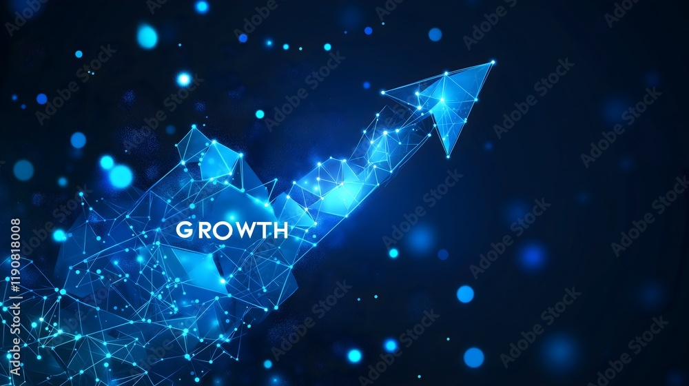 Poster ascending arrow of growth: a dynamic digital representation of growth is depicted as a luminous arro