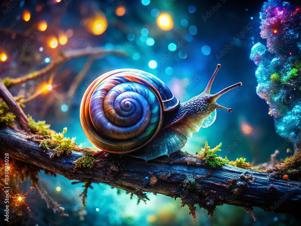Poster surreal snail on branch: dreamlike macro photography of a gastropoda on a twisted twig