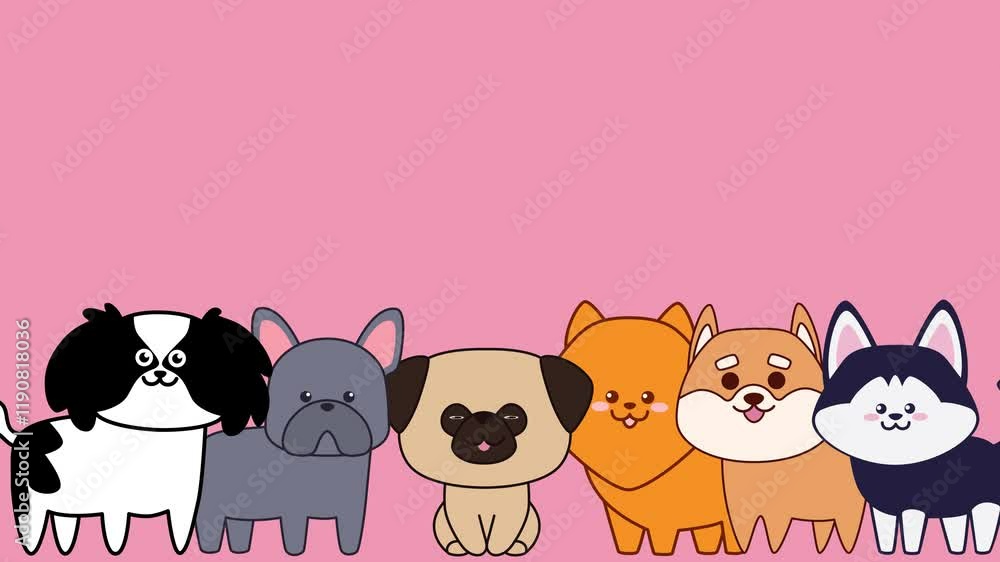 Poster set of different cute dog. minimal modern seamless motion design. abstract loop animation