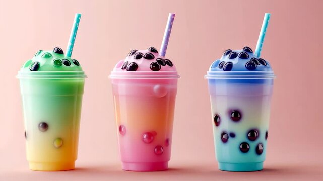Three colorful cups of different flavors of bubble tea. The cups are arranged in a row, with the pink cup in the middle and the blue cup on the right