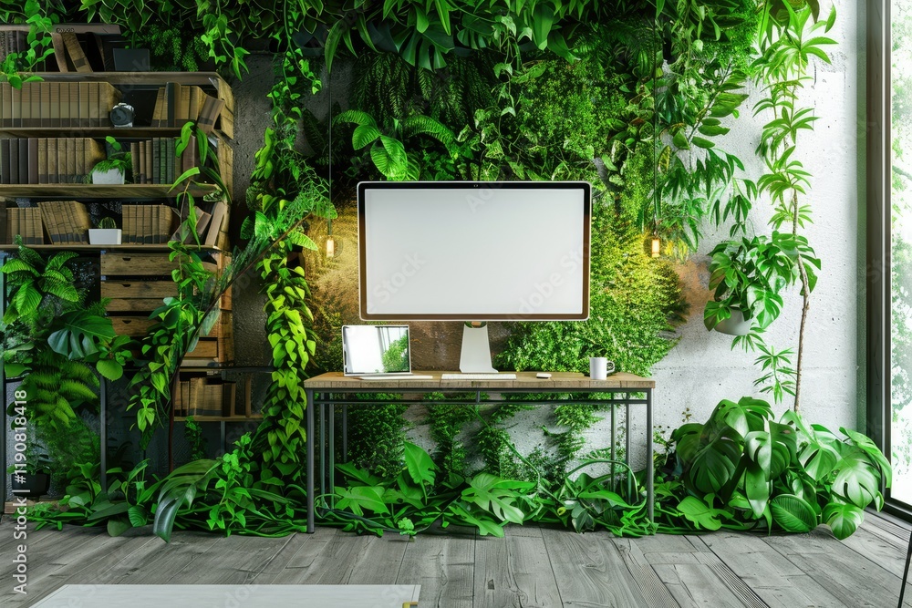 Wall mural sharp image of eco friendly workspace with mock up desktop computer