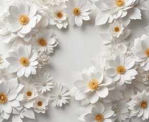 Fototapeta premium Diagonal composition of white paper flower decorations on a white backdrop, trend, artistic