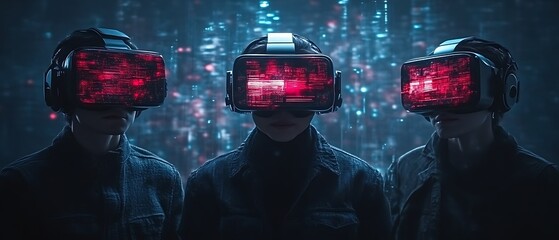 Three people wearing VR headsets.