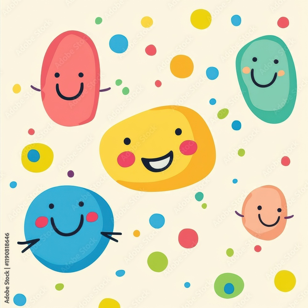 Poster smiling cartoon microbes celebrate joy in a colorful background with playful expressions and cheerfu