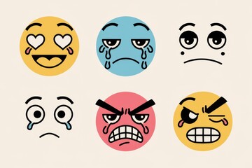 Collection Of Six Diverse Emoticon Faces Showing Various Emotions