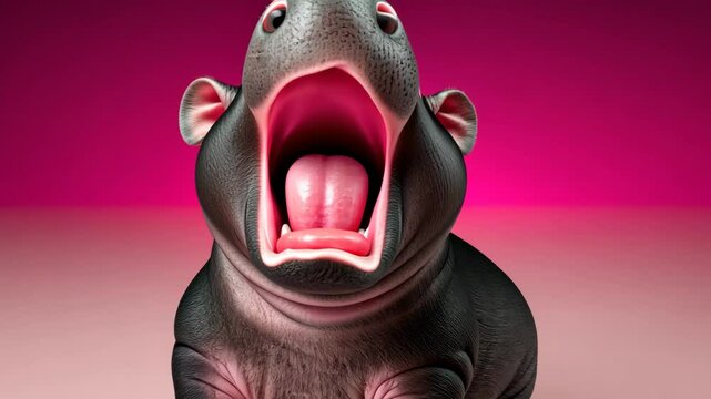 Baby hippo is standing on a pink background. The baby hippo is making a loud noise