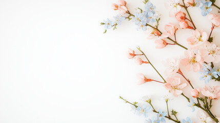 Fototapeta premium Elegant Floral Arch with Pink and Blue Blossoms Framing a White Backdrop. elegant floral arch, pink and blue blossoms, white backdrop, wedding arch, floral decor, spring flowers, r