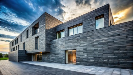 Fototapeta premium Modern Architecture Featuring Striking Slate Block Walls & Geometric Design
