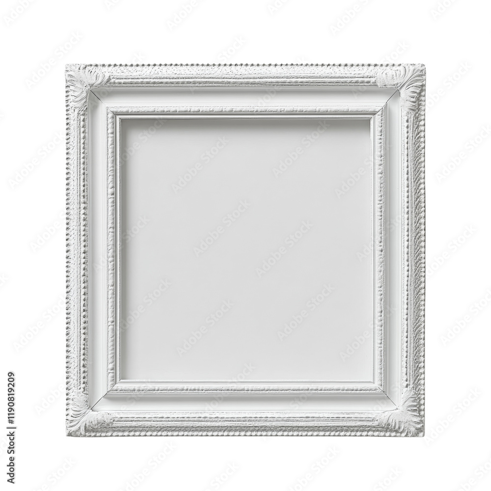 Poster a square white picture frame with an ornate design is shown against a black background. the frame is