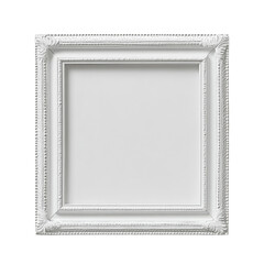 A square white picture frame with an ornate design is shown against a black background. The frame is empty.