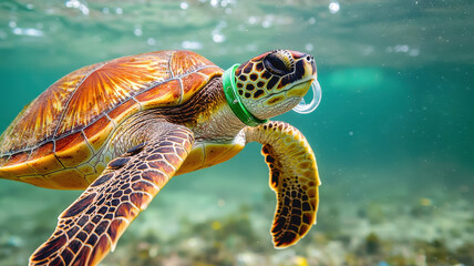 Fototapeta premium Trash on Beaches and Grand Ocean Pollution Concept, turtle swimming underwater with plastic ring around its neck, showcasing impact of pollution