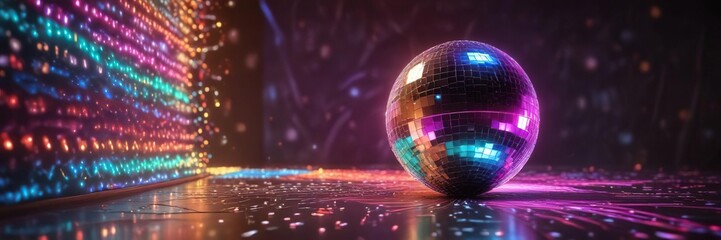 Obraz premium Disco ball surrounded by swirling patterns of colorful lights, hypnotic ambiance, disco ball
