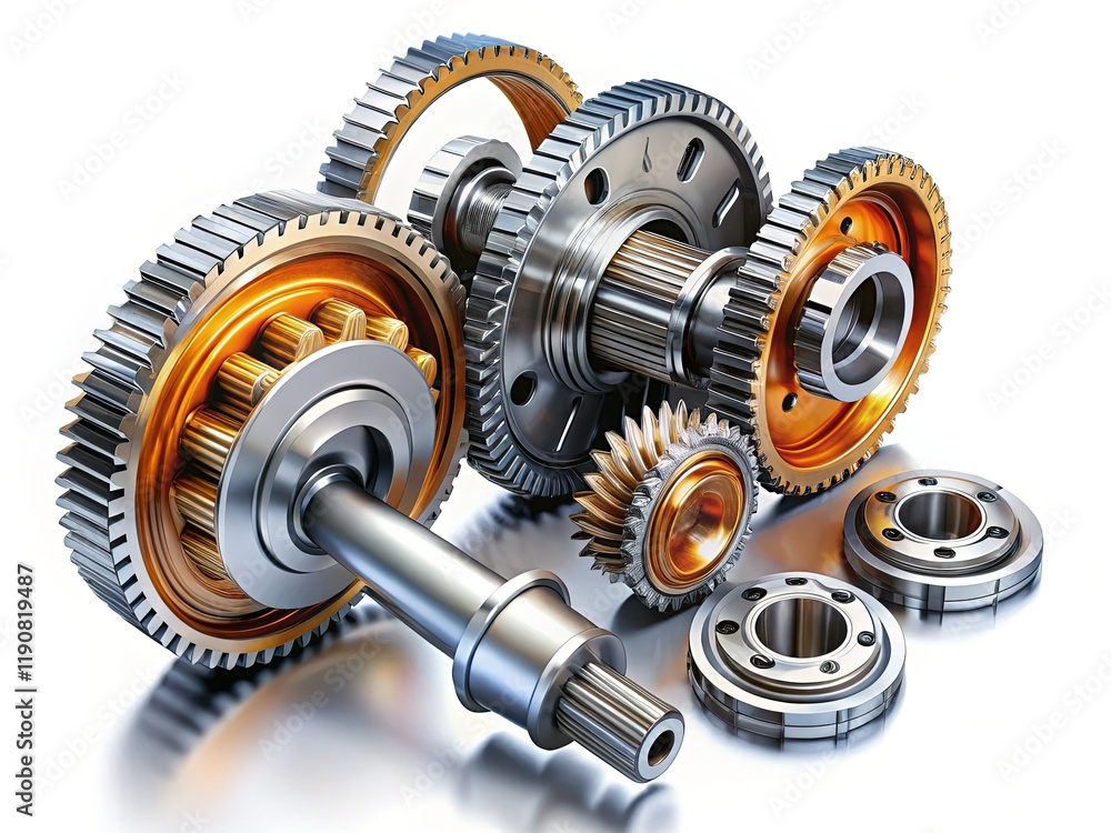 Poster planetary gear system exploded view: precision engineering mechanics components white background