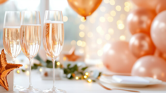 Sophisticated Party Setup with Rose Gold Balloons and Glassware for a Special Occasion. sophisticated party, rose gold balloons, elegant glassware, festive celebration, special occ