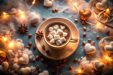Surreal Valentine's Day Hot Chocolate: Heart-Shaped Marshmallow Flatlay