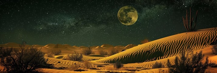 Vast desert under starlit sky with moonlit dunes and a peaceful horizon
