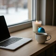 A cozy workspace with a laptop, candle, and hot chocolate, snow falling outside the window.