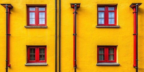 Obraz premium Symmetrical House Windows Silhouette - Red, Black & Yellow Wall