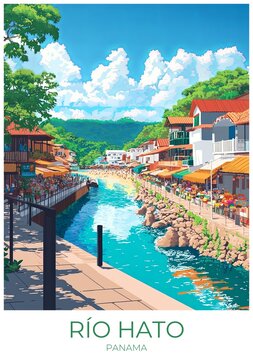 R&iacute;o hato Panama Travel Poster Flat Illustration Print Decor Gift Canvas Wall Art Gift