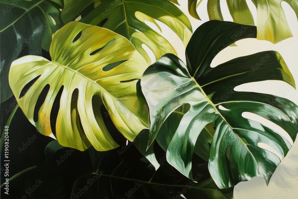 Poster lush and glossy green philodendron leaves with intricate patterns and textures