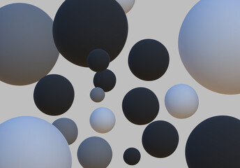 3D rendering Black and White spheres of balls on gray background. Snowy white balls. Flowing white soft spheres. Abstract background with dynamic 3d spheres.