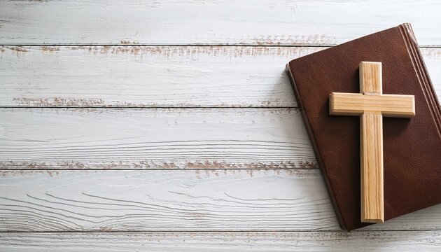Generated image Wooden cross and bible on white wooden background. Copy space.