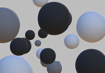 3D rendering Black and White spheres of balls on gray background. Snowy white balls. Flowing white soft spheres. Abstract background with dynamic 3d spheres.