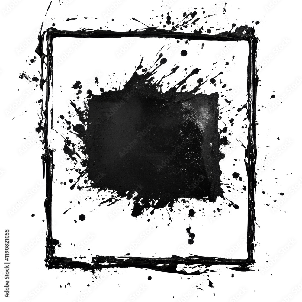 Poster A square frame formed by a black liquid splash against a black background, showcasing abstract texture and dynamic movement.
