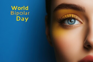 World Bipolar Day Concept - Close-Up of Eye with Bold Yellow Makeup on Blue Background