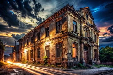 Fototapeta premium Long Exposure: Abandoned Vintage Architecture, Decaying Beauty, Urban Exploration, Night Photography