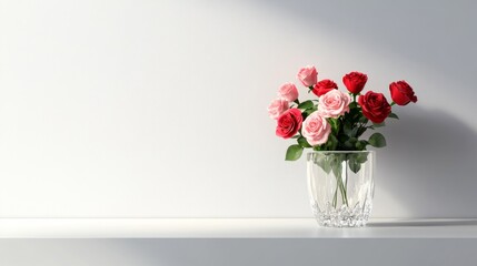 Naklejka premium Elegant Arrangement of Pink and Red Roses in a Crystal Vase on Minimalist White Shelf