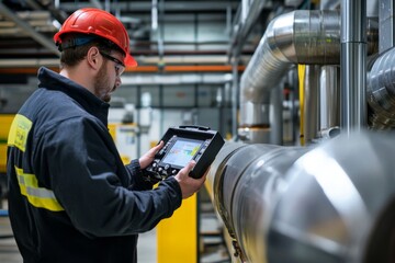 Industrial Engineer Monitoring Machinery with Digital Tablet in Modern Factory for Enhanced Productivity and Safety
