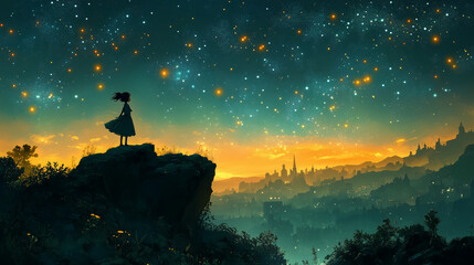 Fototapeta premium The Little Prince looks up at the starry sky