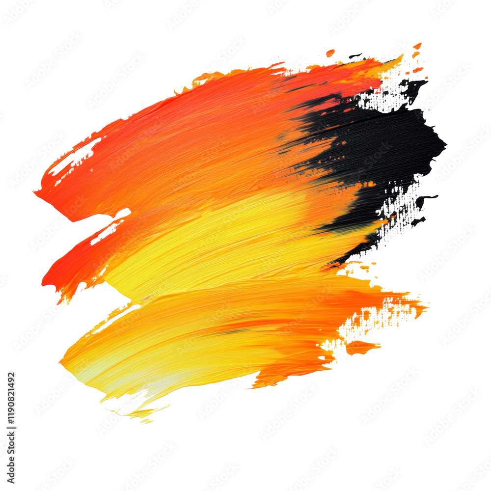 Poster an abstract image showcasing vibrant orange and yellow paint strokes against a black background, dem