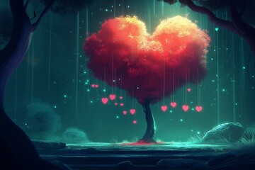 A magical scene featuring a heart-shaped tree surrounded by love symbols, perfect for celebrating Saint Valentine's Day in a dreamy atmosphere.