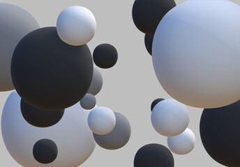 3D rendering Black and White spheres of balls on gray background. Snowy white balls. Flowing white soft spheres. Abstract background with dynamic 3d spheres.