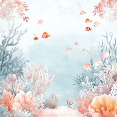 Serene underwater scene with pastel coral reef, delicate sea plants, and playful fish. Perfect for calming decor or children's design.