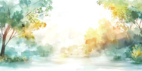 Fototapeta premium Serene watercolor landscape painting of a tranquil lake nestled amongst lush green trees bathed in soft sunlight.