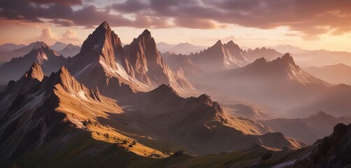 Naklejka premium Dramatic mountain peaks with rugged terrain and misty valleys at sunset, atmospheric , mist