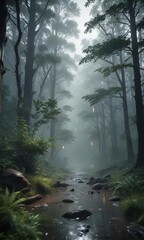 Obraz premium Dreamy atmosphere of rain falling over a dense forest, mystical, ethereal, greenery