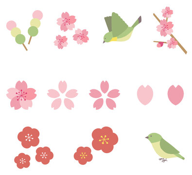 梅と桜とウグイスのかわいいイラストセット
