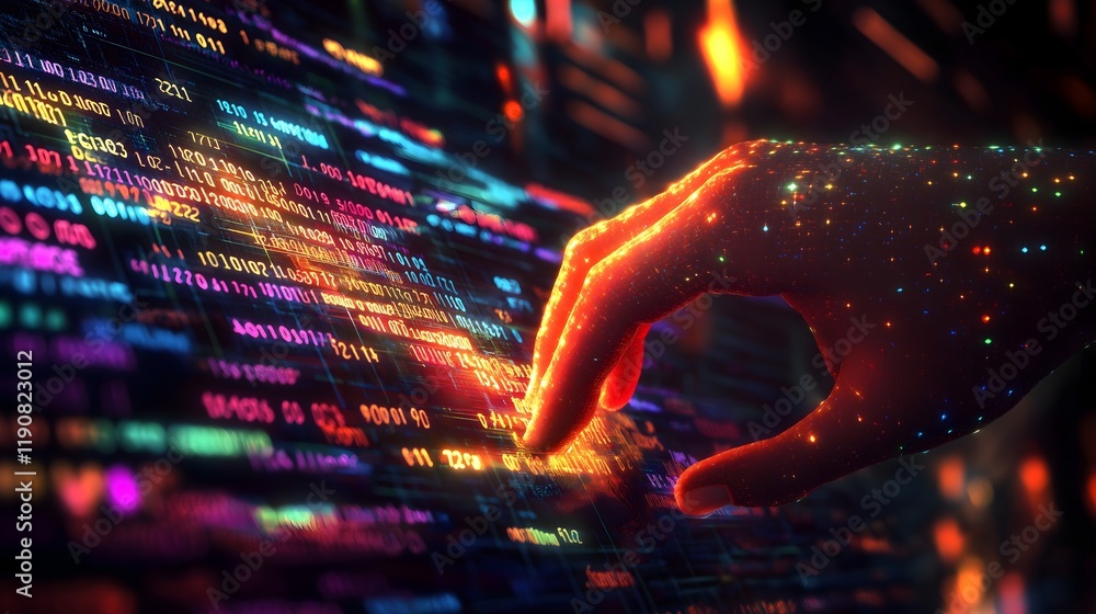 Poster digital tap: a hand merges with a stream of luminous code, symbolizing the interplay between human c