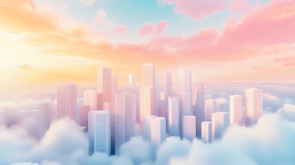 Fototapeta premium Dreamy pastel cityscape above the clouds at sunrise. Serene, peaceful, and inspiring urban landscape. Ideal for backgrounds, websites, and design projects.