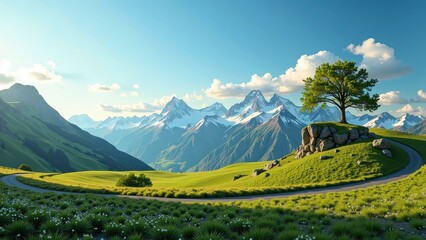 Obraz premium A serene grassy hillside cradles a solitary tree atop a rocky mound, while a winding road meanders into the distance, inviting exploration beneath an open sky