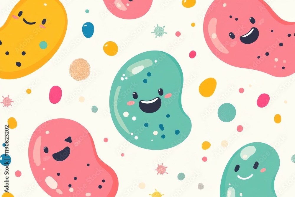 Poster cartoon microbes with smiling faces in vibrant colors creating a cheerful pattern on a light backgro