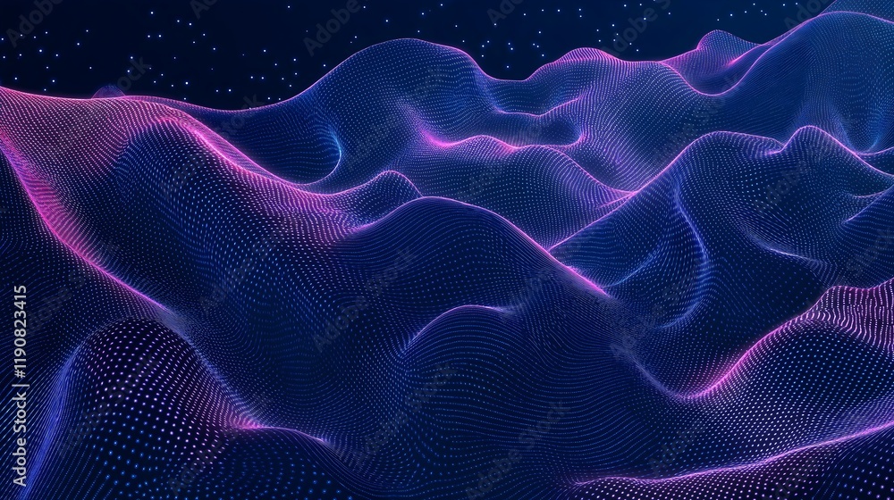 Poster digital mesh landscape: an abstract, vibrant digital landscape with undulating forms rendered in a m