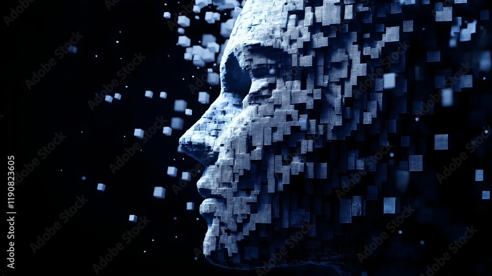 Poster digital transformation: a striking visual showcasing a human face morphing from solid form into a cl