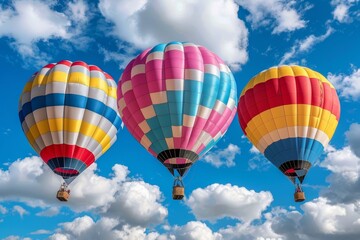 Obraz premium Colorful hot air balloons soaring in a bright blue sky with fluffy clouds during a sunny day